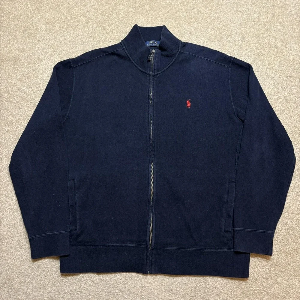 Polo Ralph Lauren Sweatshirt Mens Large Navy Full Zip Mock Neck Pony Logo Fleece